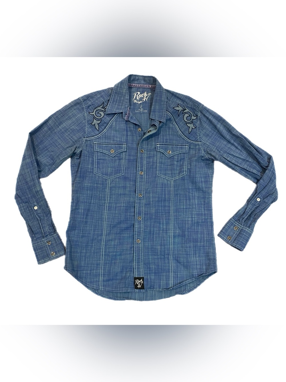 Rock 47 Wrangler Mens Western Snap Button LS Shirt Blue Embroidered Chambray M
